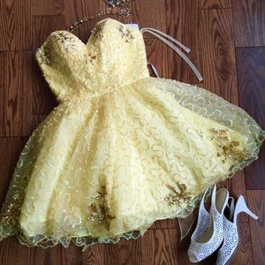 Strapless Yellow party prom dress